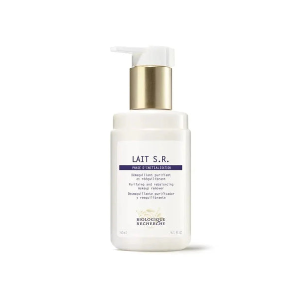 A white bottle with a gold pump labeled "Lait S.R. Biologique Recherche" in 5.1 oz, this purifying cleanser rebalances skin by removing makeup and targeting excess sebum.