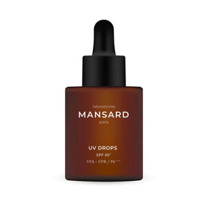 A brown glass dropper bottle labeled "Mansard UV Drops SPF 50+ UVA/UVB" with a black cap, providing advanced antioxidant skincare for sun and blue light protection.