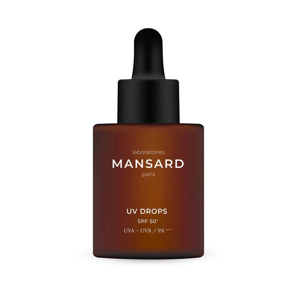 A brown glass dropper bottle labeled "Mansard UV Drops SPF 50+ UVA/UVB" with a black cap, providing advanced antioxidant skincare for sun and blue light protection.
