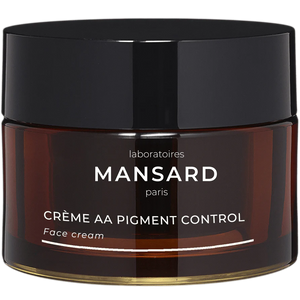 A brown jar labeled "Mansard Creme AA Pigment Control" with a black lid is shown on a white background; this brightening moisturizer helps improve uneven skin tone.