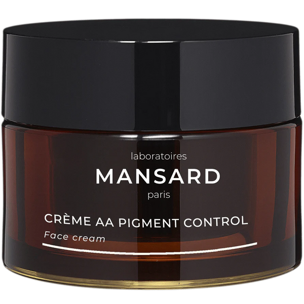 A brown jar labeled "Mansard Creme AA Pigment Control" with a black lid is shown on a white background; this brightening moisturizer helps improve uneven skin tone.