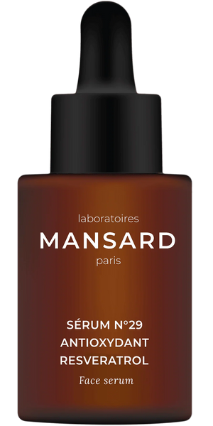 A brown dropper bottle of Mansard Sérum No. 29 Antioxydant Resveratrol delivers a potent antioxidant formula designed to support youthful, radiant-looking skin.
