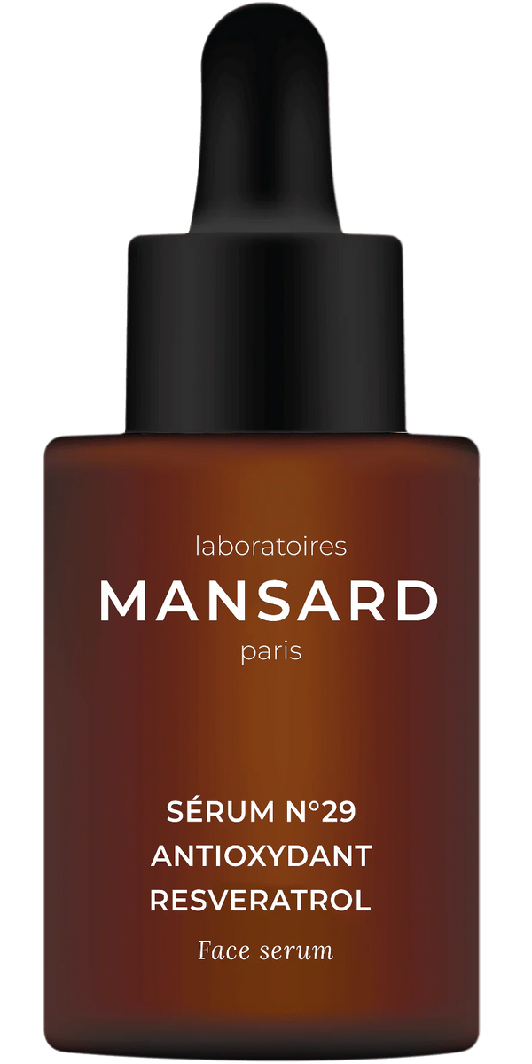 A brown dropper bottle of Mansard Sérum No. 29 Antioxydant Resveratrol delivers a potent antioxidant formula designed to support youthful, radiant-looking skin.